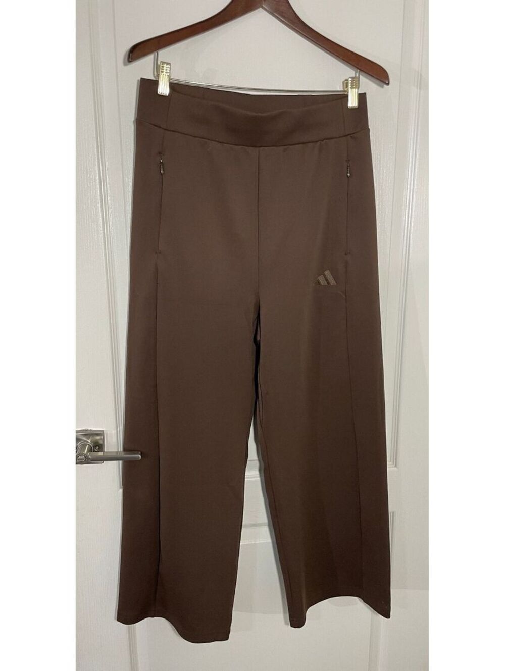 Cocoa brown Adidas wide leg crop Medium zip pockets high rise athleisure